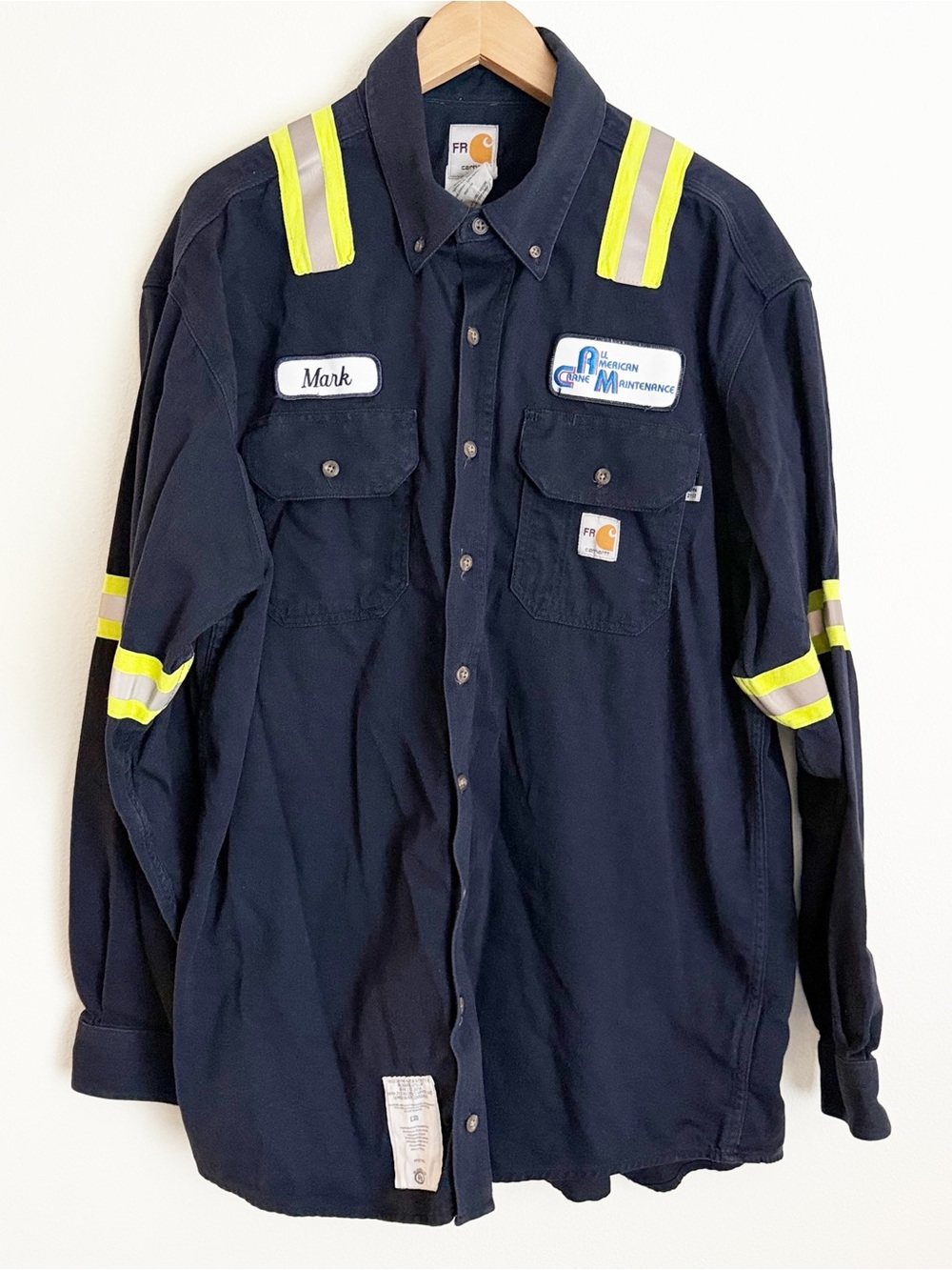 Carhartt FR High Vis Work Shirt Navy Mark All American Crane Patches XL